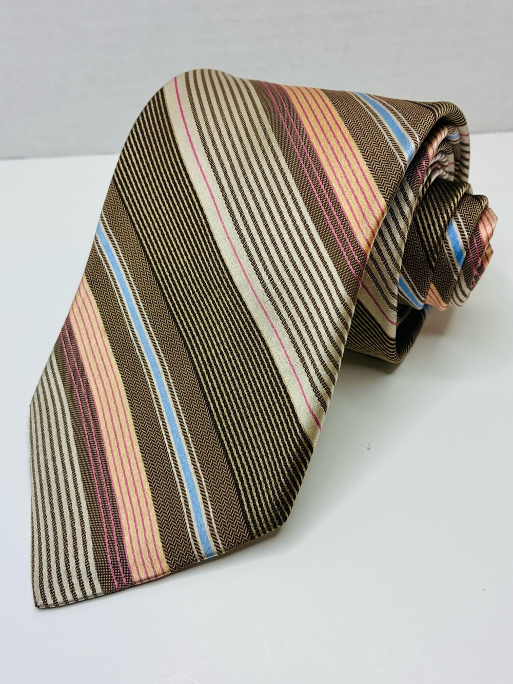 Ted Baker London Silk Tie Mens Brown Striped Diagonal Orange Blue Multicolor 61”